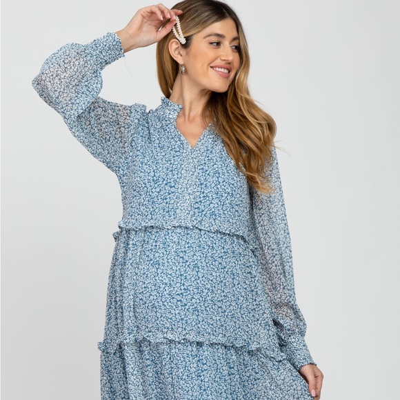 PinkBlush Blue Floral Print Ruffle Tiered Maternity Dress - Picture 1 of 9